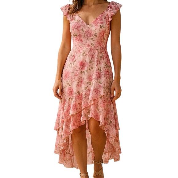 Lulu' Pink Floral Ruffle Maxi Dress Size M High-Low Hem Romantic Garden Style - Picture 1 of 11